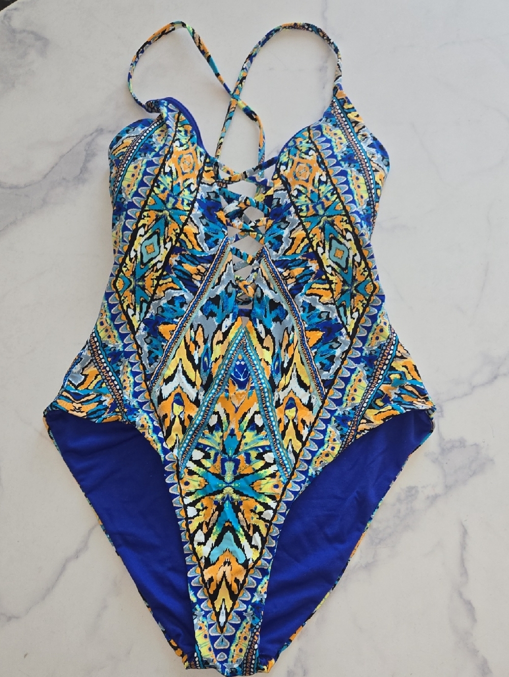 Bar III Women's Monarchy Tribal-Print Tassel Lace-Up One-Piece Swimsuit Sz:S NWT - Picture 3 of 11
